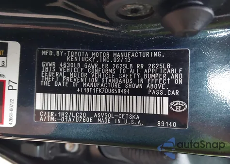 2013 Toyota Camry Se from USA, damaged, VIN 4T1BF1FK7DU658494